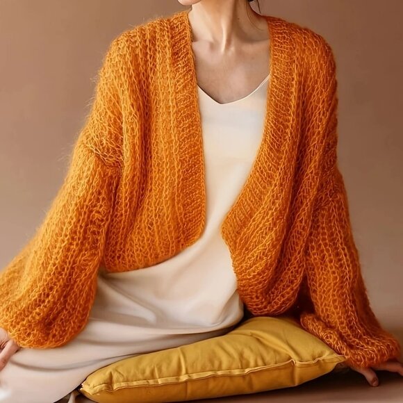 Orange Handknit Mohair Short Open Front Cardigan XL - Picture 3 of 5